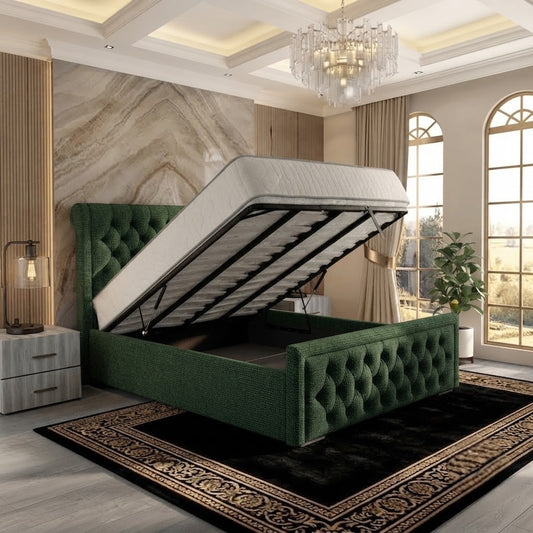 Silk Upholstered Ottoman Bed - Green Plush Velvet