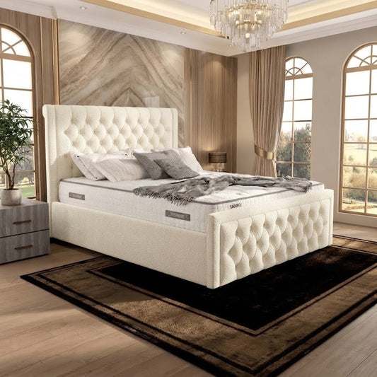 Silk Upholstered Ottoman Bed - Ivory Plush Velvet