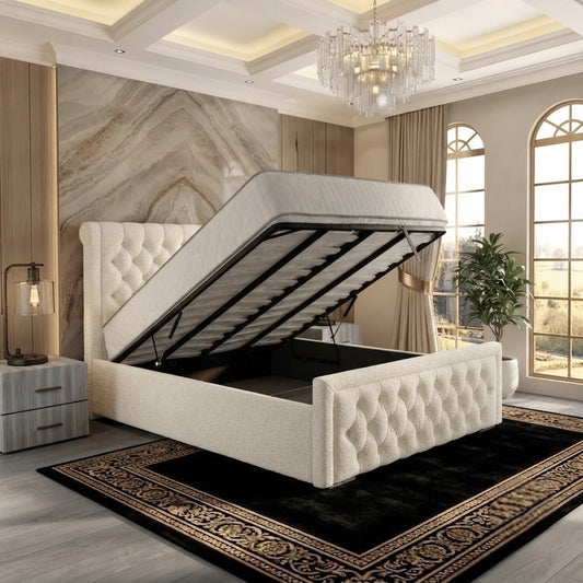 Silk Upholstered Ottoman Bed - Ivory Plush Velvet
