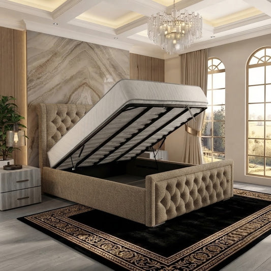 Silk Upholstered Ottoman Bed - Latte Wool