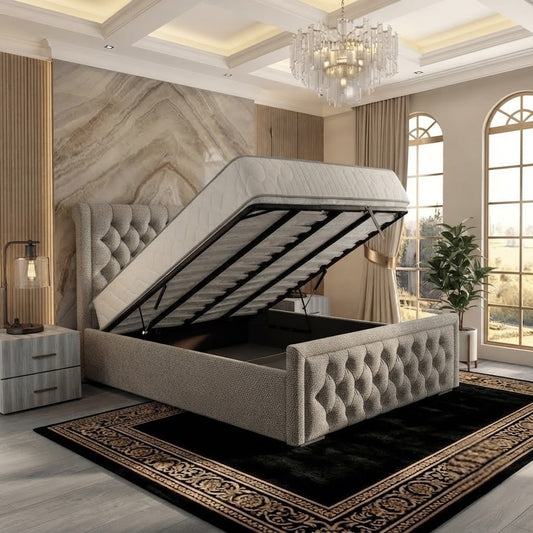 Silk Upholstered Ottoman Bed - Light Grey Plush Velvet