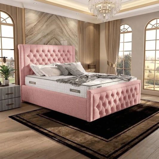 Silk Upholstered Ottoman Bed - Soft Pink Plush Velvet