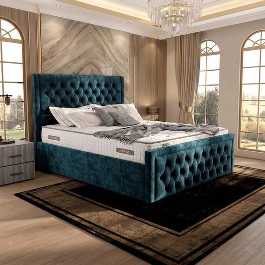 Silk Upholstered Ottoman Bed - Teal Plush Velvet