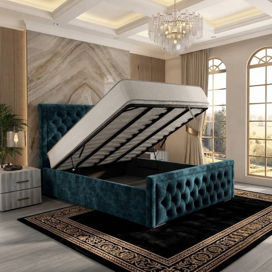 Silk Upholstered Ottoman Bed - Teal Plush Velvet