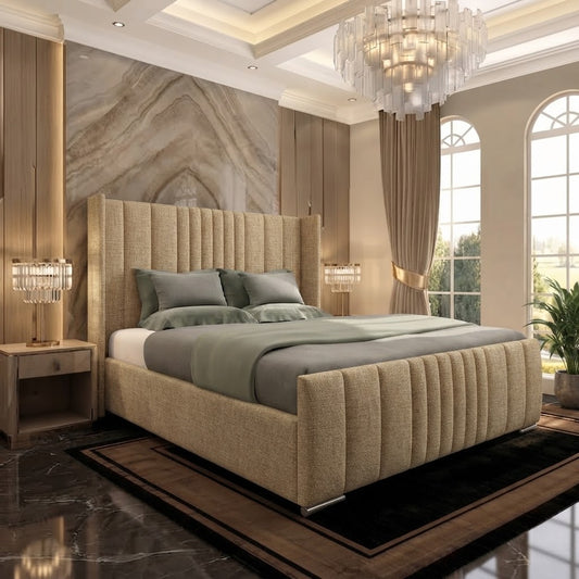Skyline Wingback Upholstered Ottoman Bed - Beige Plush Velvet