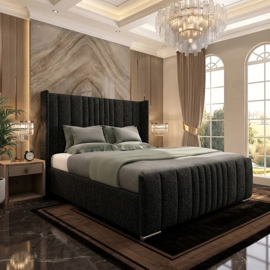 Skyline Wingback Upholstered Ottoman Bed - Black Chenille