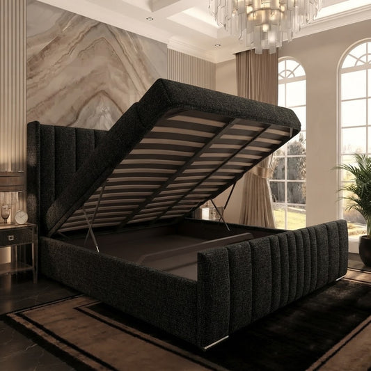 Skyline Wingback Upholstered Ottoman Bed - Black Chenille