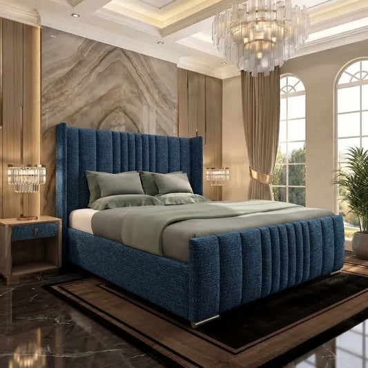 Skyline Wingback Upholstered Ottoman Bed - Blue Chenille