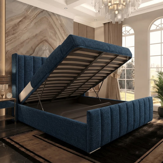Skyline Wingback Upholstered Ottoman Bed - Blue Chenille
