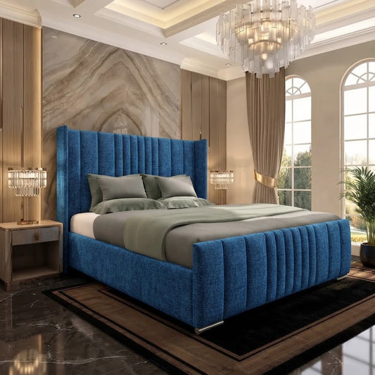 Skyline Wingback Upholstered Ottoman Bed - Blue Naples