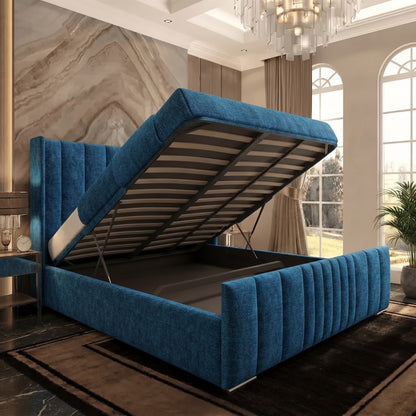 Skyline Wingback Upholstered Ottoman Bed - Blue Naples