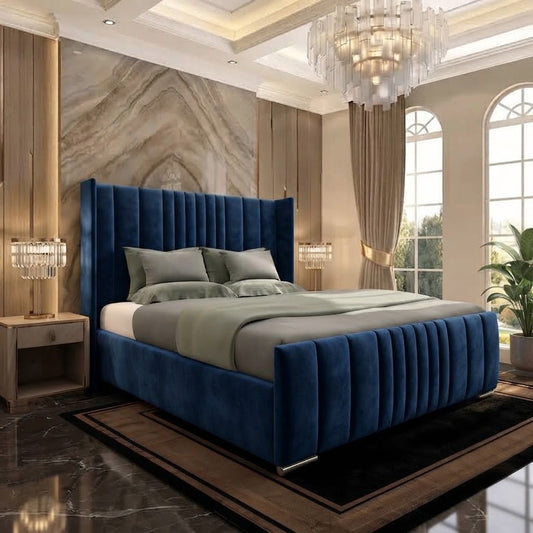 Skyline Wingback Upholstered Ottoman Bed - Blue Plush Velvet