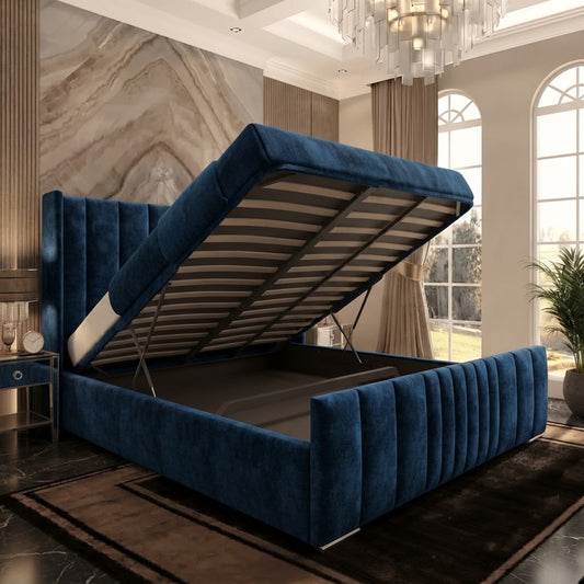 Skyline Wingback Upholstered Ottoman Bed - Blue Plush Velvet