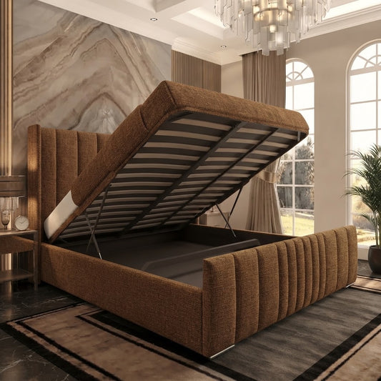 Skyline Wingback Upholstered Ottoman Bed - Brown Chenille