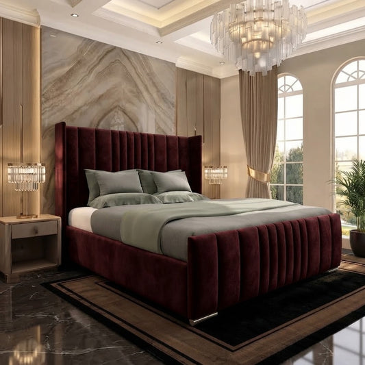 Skyline Wingback Upholstered Ottoman Bed - Burgundy Plush Velvet