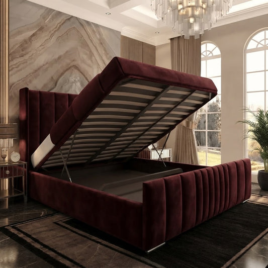 Skyline Wingback Upholstered Ottoman Bed - Burgundy Plush Velvet
