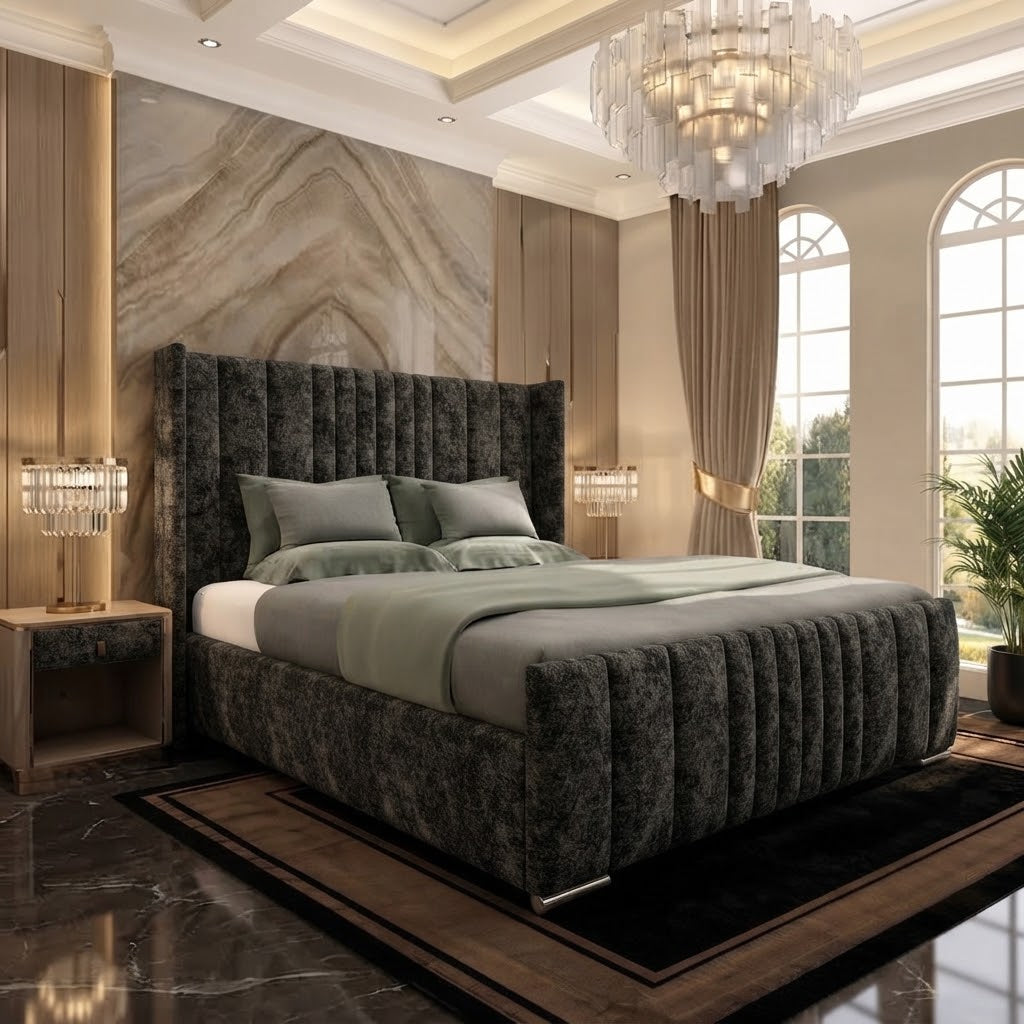 Skyline Wingback Upholstered Ottoman Bed - Charcoal Plush Velvet