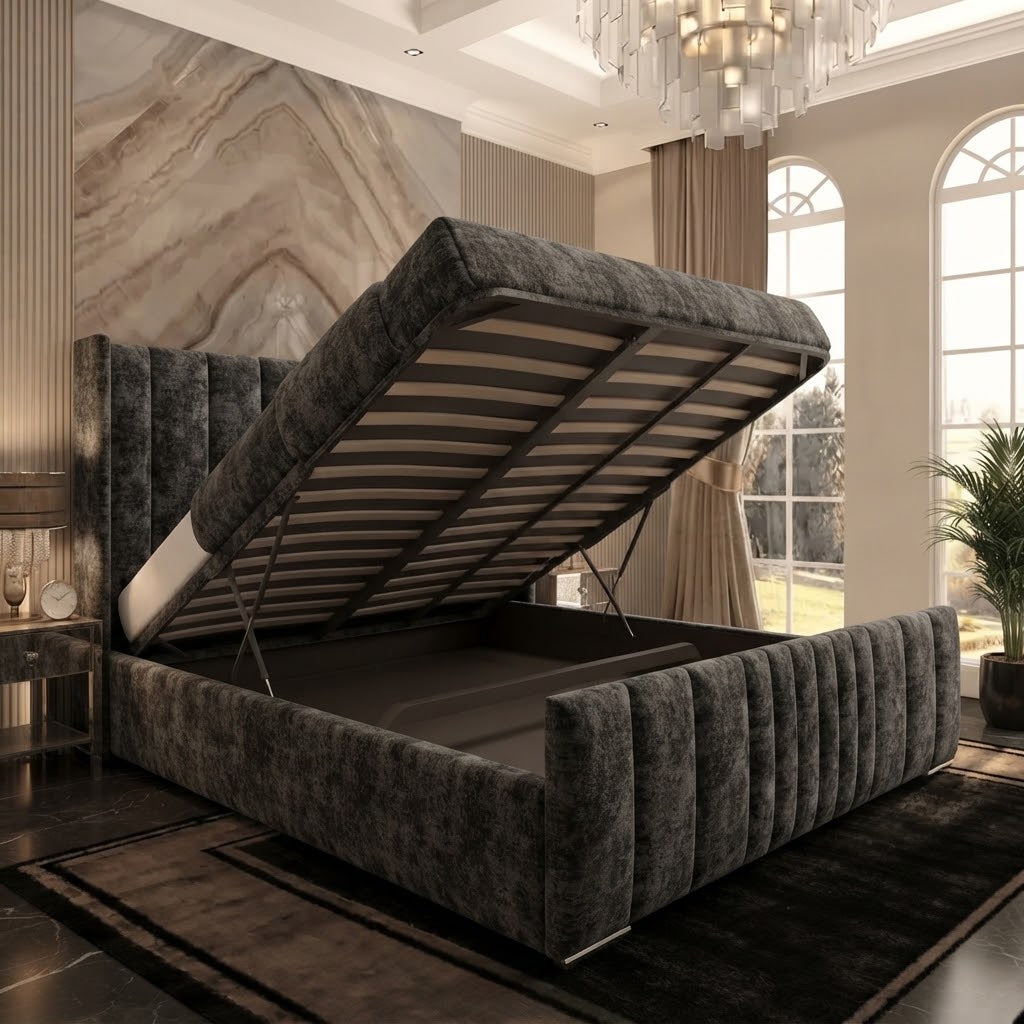Skyline Wingback Upholstered Ottoman Bed - Charcoal Plush Velvet