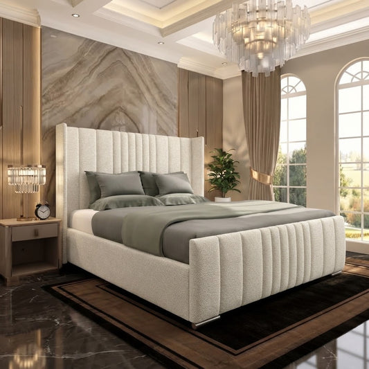 Skyline Wingback Upholstered Ottoman Bed - Cream Naples