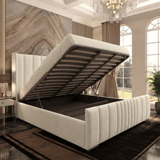 Skyline Wingback Upholstered Ottoman Bed - Cream Naples