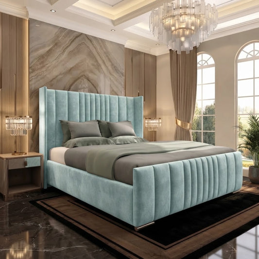 Skyline Wingback Upholstered Ottoman Bed - Duck Egg Plush Velvet