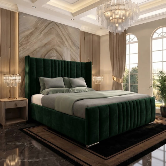 Skyline Wingback Upholstered Ottoman Bed - Green Plush Velvet