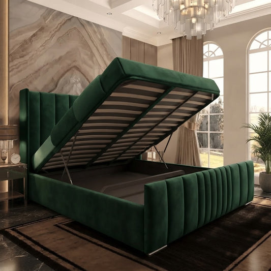 Skyline Wingback Upholstered Ottoman Bed - Green Plush Velvet