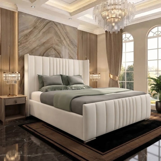 Skyline Wingback Upholstered Ottoman Bed - Ivory Plush Velvet