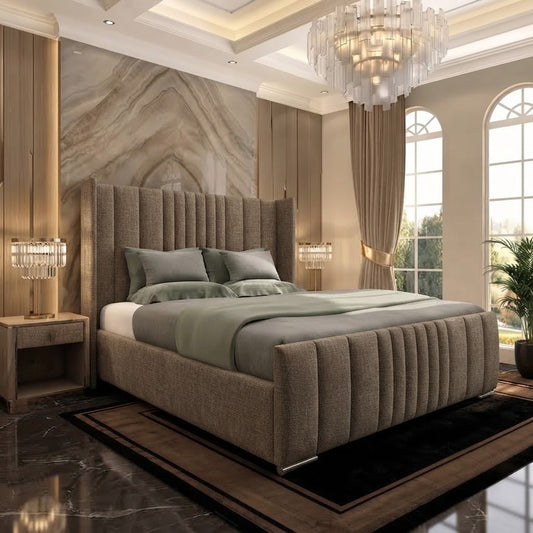 Skyline Wingback Upholstered Ottoman Bed - Latte Wool