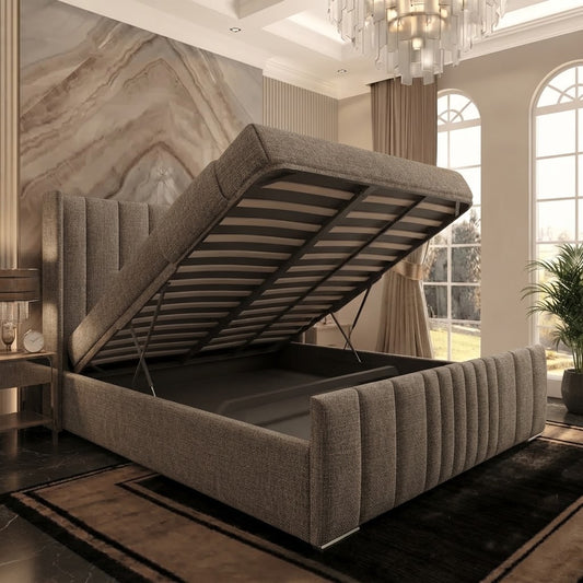 Skyline Wingback Upholstered Ottoman Bed - Latte Wool