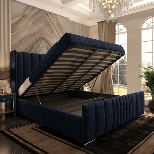 Skyline Wingback Upholstered Ottoman Bed - Midnight Linen