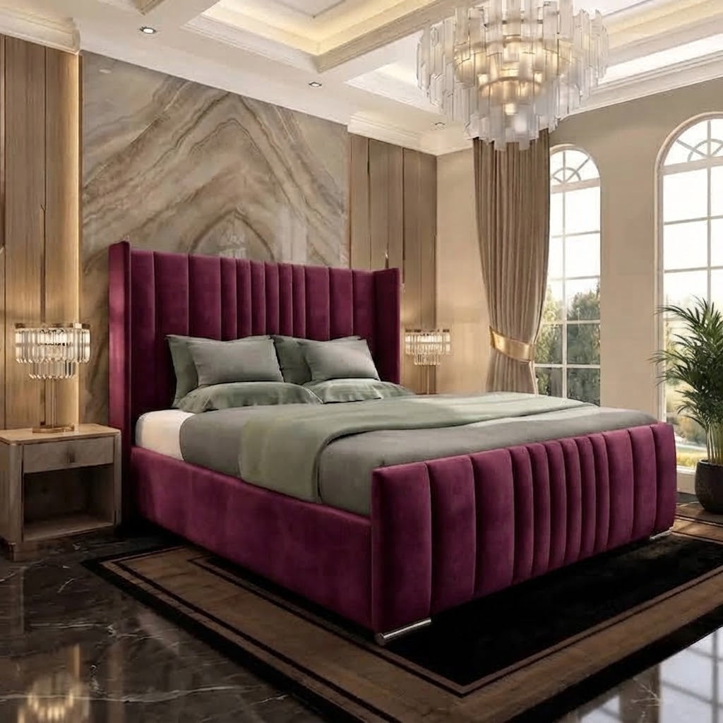 Skyline Wingback Upholstered Ottoman Bed - Purple Plush Velvet