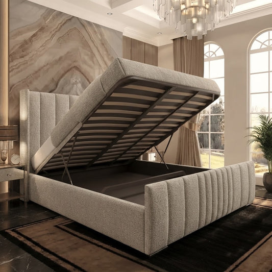 Skyline Wingback Upholstered Ottoman Bed - Putty Linen