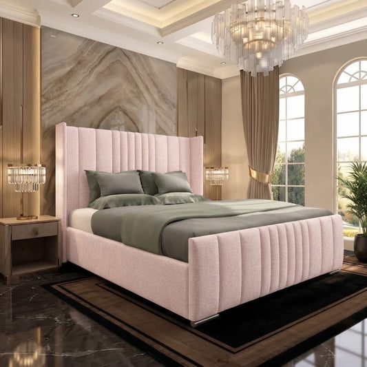 Skyline Wingback Upholstered Ottoman Bed - Soft Pink Plush Velvet