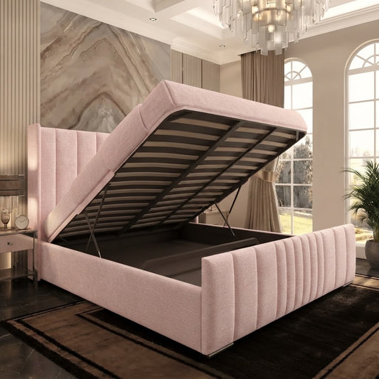 Skyline Wingback Upholstered Ottoman Bed - Soft Pink Plush Velvet