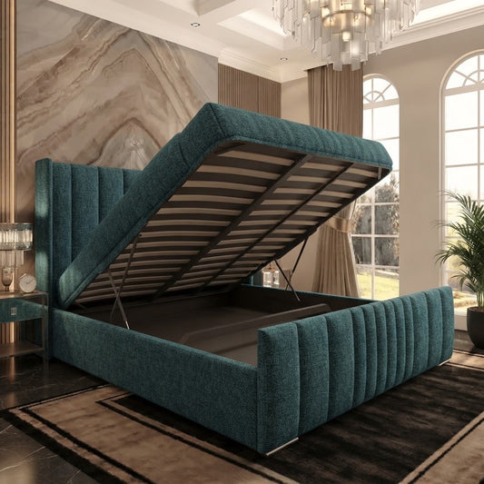 Skyline Wingback Upholstered Ottoman Bed - Teal Linen