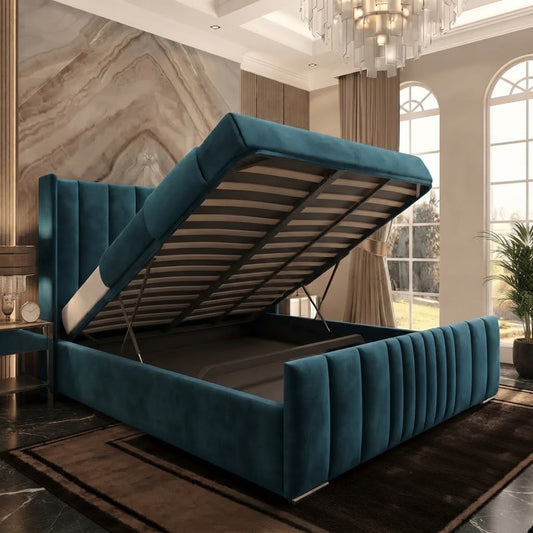 Skyline Wingback Upholstered Ottoman Bed - Teal Plush Velvet