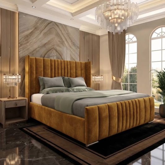 Skyline Wingback Upholstered Ottoman Bed - Tumeric Plush Velvet