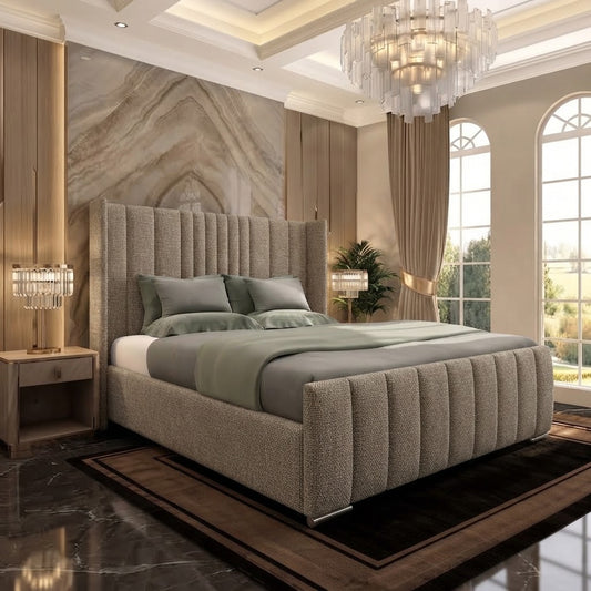 Skyline Wingback Upholstered Ottoman Bed - Wheat Linen