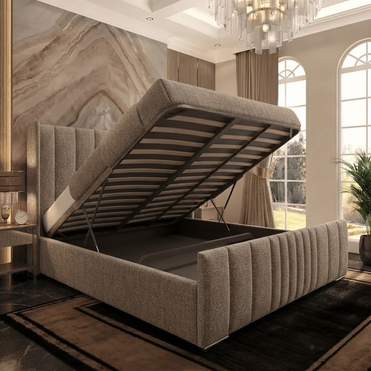 Skyline Wingback Upholstered Ottoman Bed - Wheat Linen