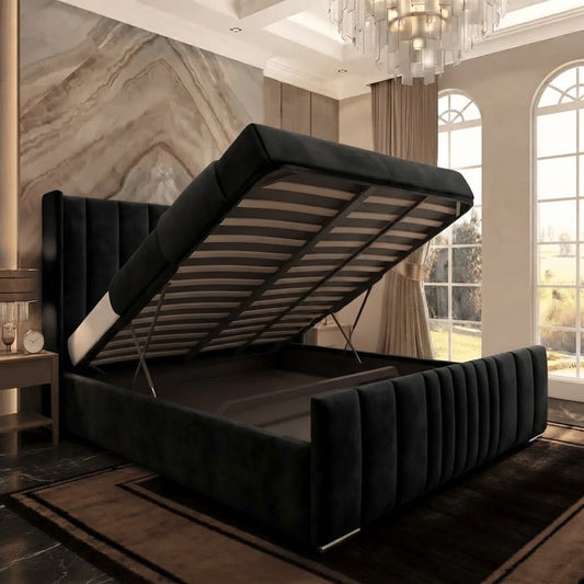 Skyline Wingback Upholstered Ottoman Bed - Black Plush Velvet