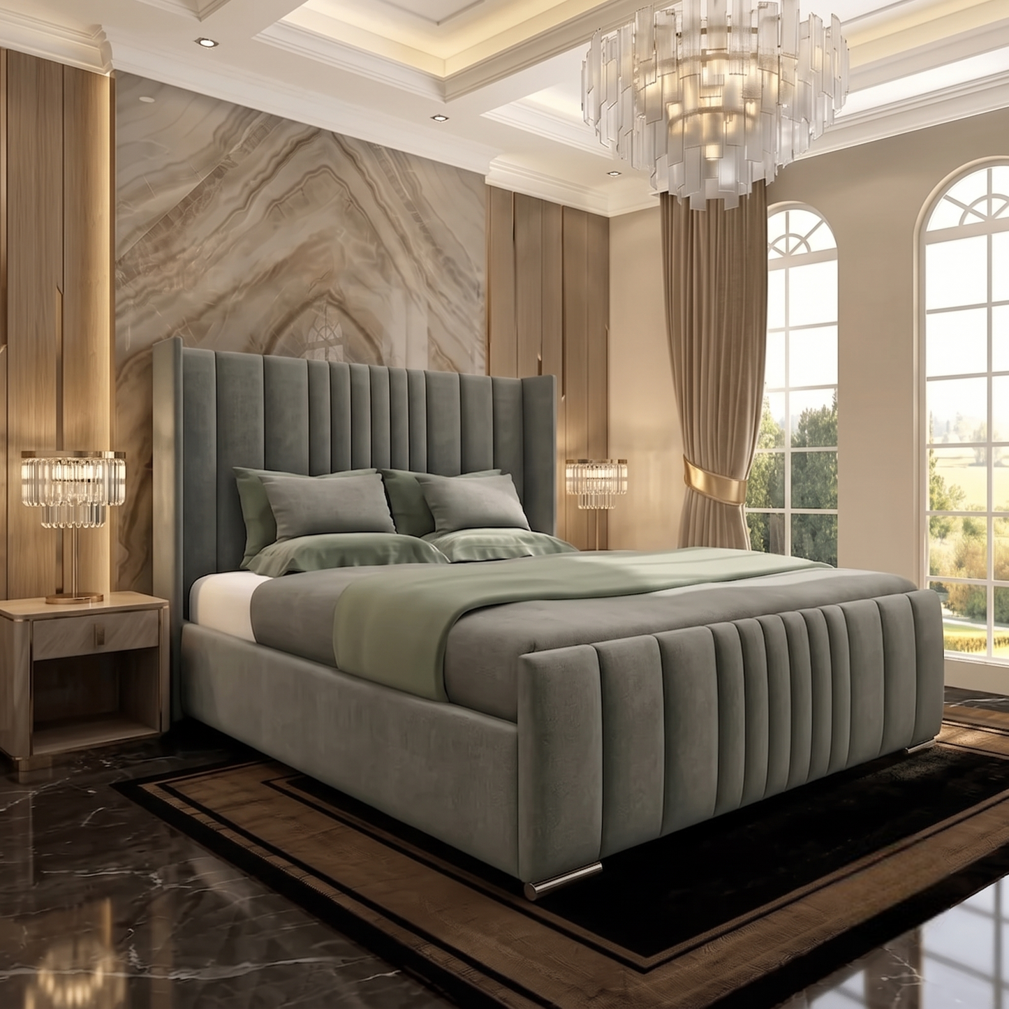 Skyline Wingback Upholstered Ottoman Bed