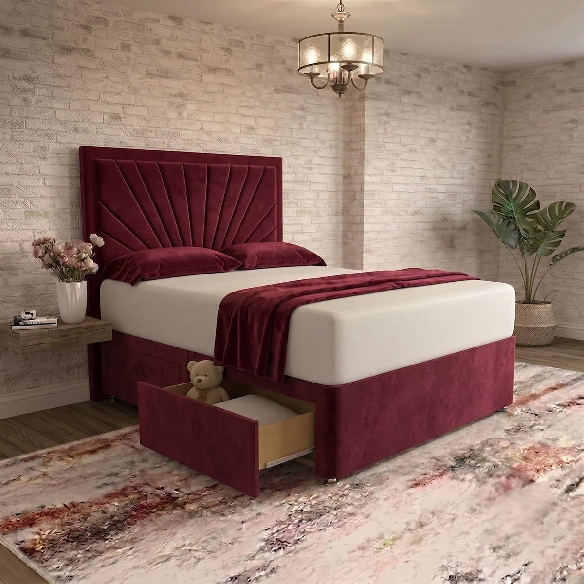 Sunrise Divan Bed - Burgundy Plush Velvet