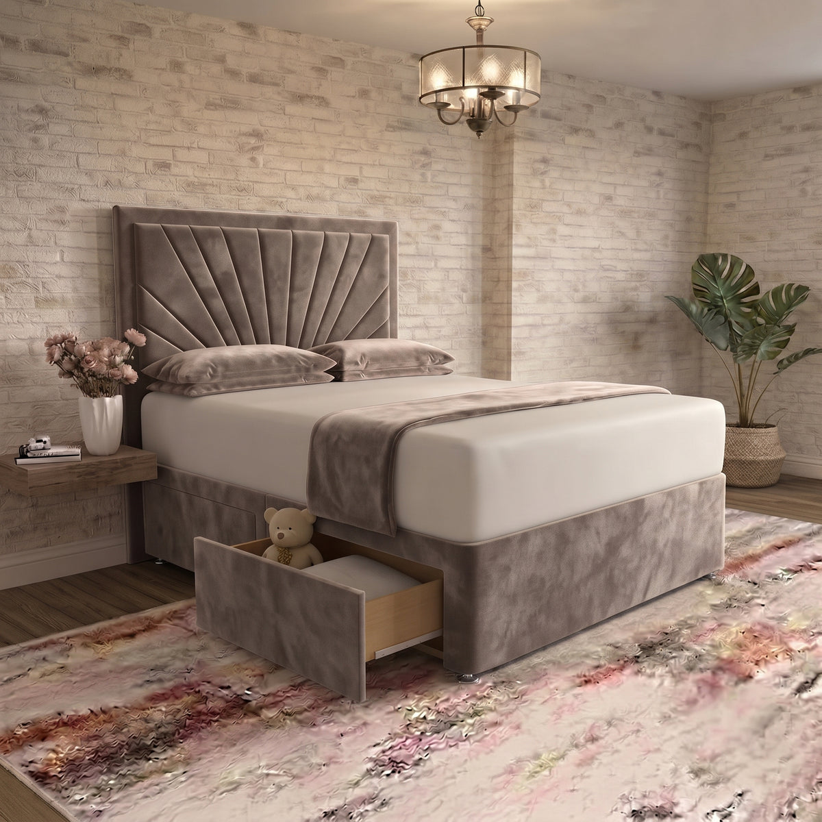Sunrise Divan Bed - Light Grey Plush Velvet