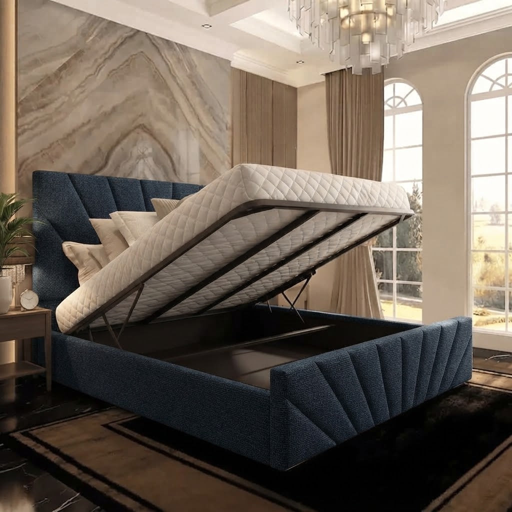 Sunrise Upholstered Ottoman Bed - Blue Chenille