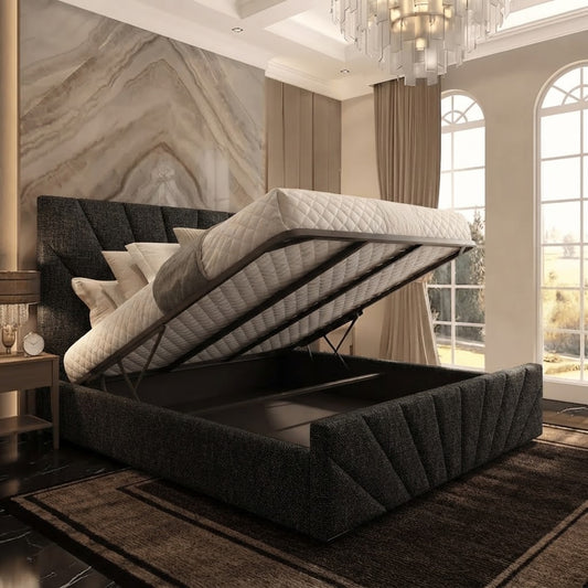 Sunrise Upholstered Ottoman Bed - Charcoal Plush Velvet