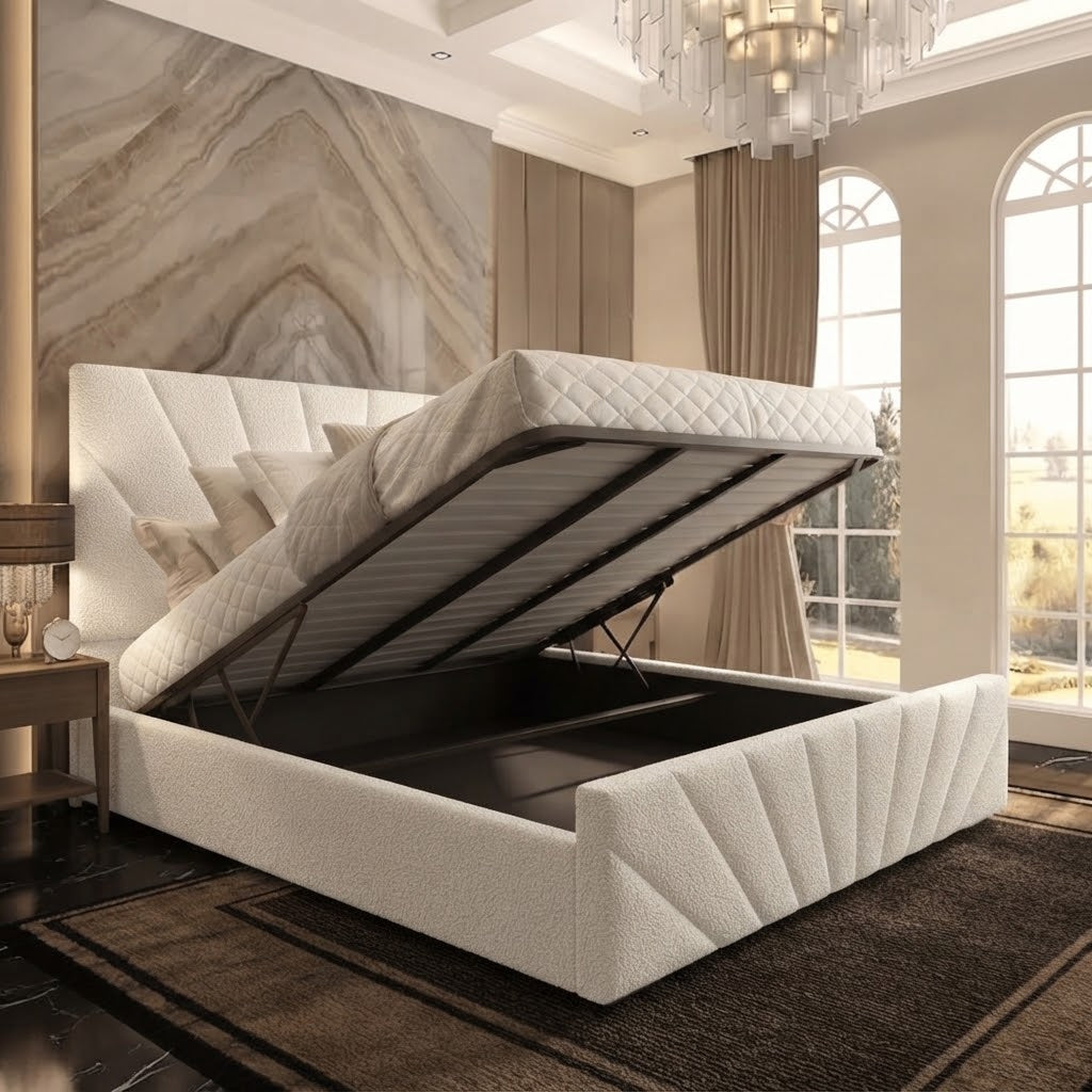 Sunrise Upholstered Ottoman Bed - Ivory Plush Velvet