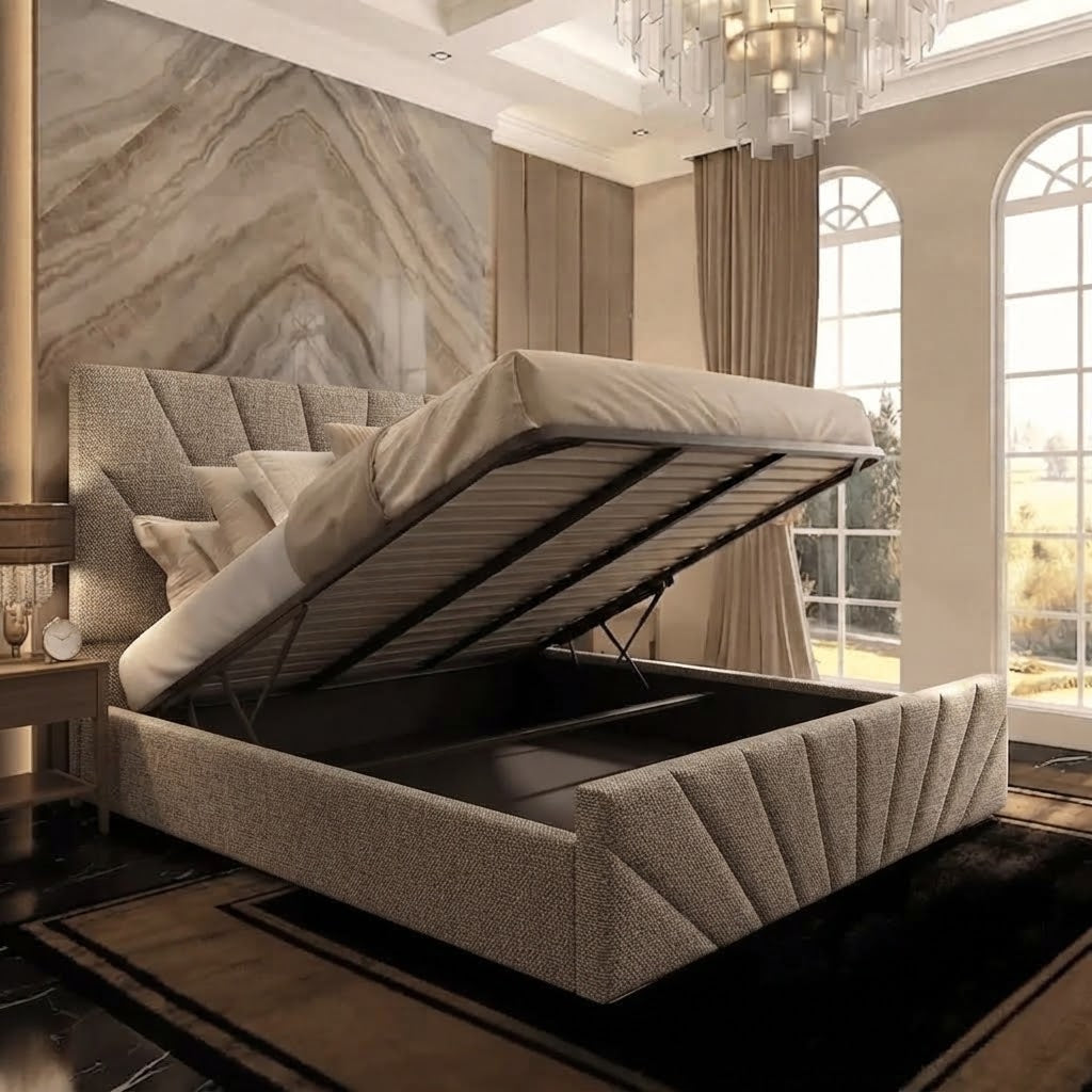 Sunrise Upholstered Ottoman Bed - Latte Wool