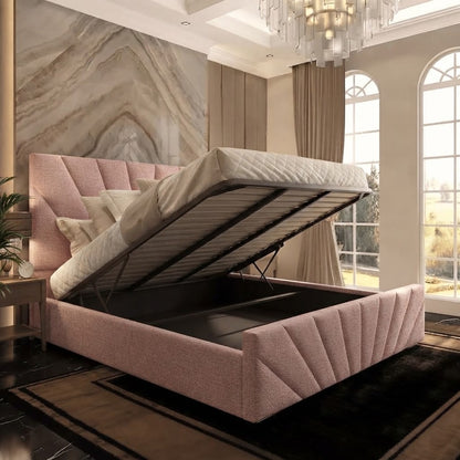 Sunrise Upholstered Ottoman Bed - Soft Pink Plush Velvet