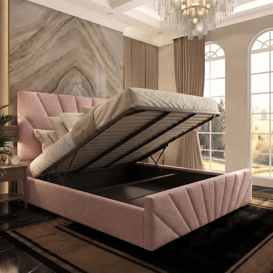 Sunrise Upholstered Ottoman Bed - Soft Pink Plush Velvet